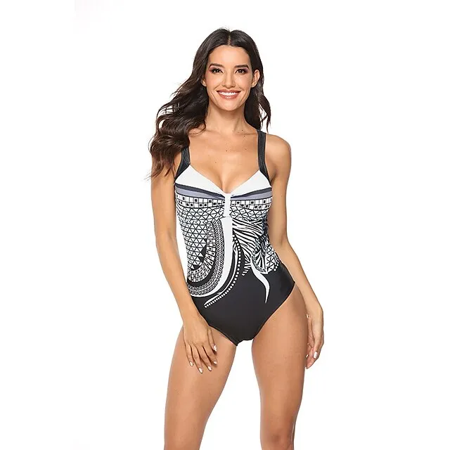 Women's One Piece Swimsuit Backless Vintage Bodysuit Bathing Suit Swimwear White Blue Breathable Quick Dry Lightweight Swimming Surfing Beach Spring Summer