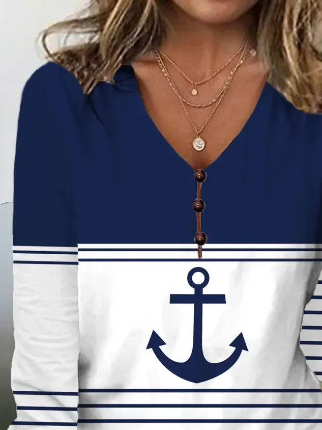 Women Striped V Neck Casual Long Sleeve T-shirt