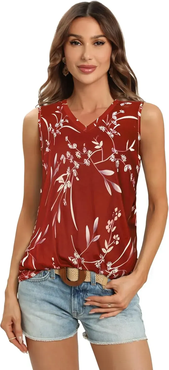 Summer Tops for Women Sleeveless V Neck Tshirt Loose Fit Casual Tank Tunic Blouse