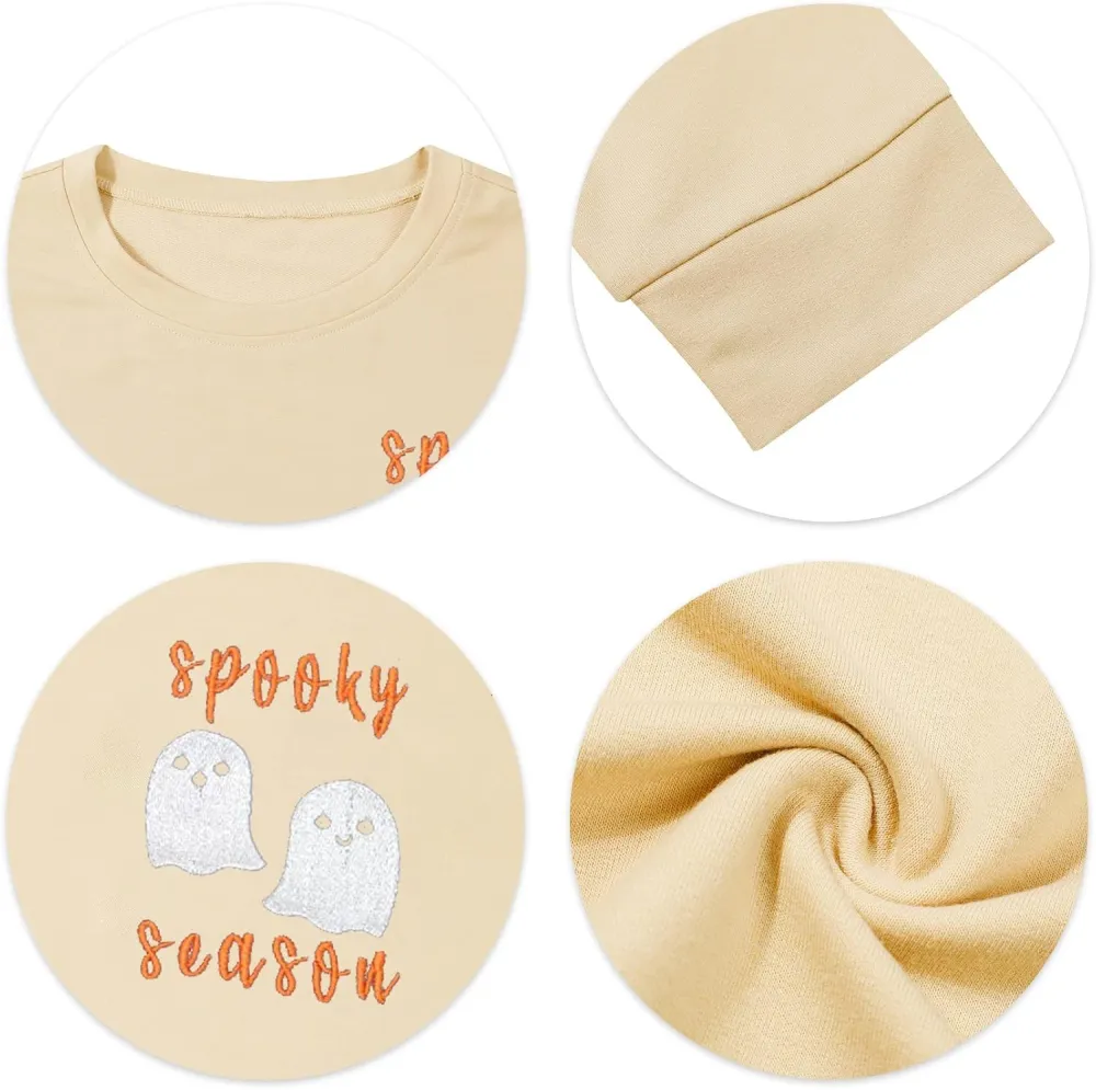 LOTUCY Halloween Sweatshirt Women Cute Spooky Season Sweatshirts Ghost Fall Embroidered Sweater Pullover Top