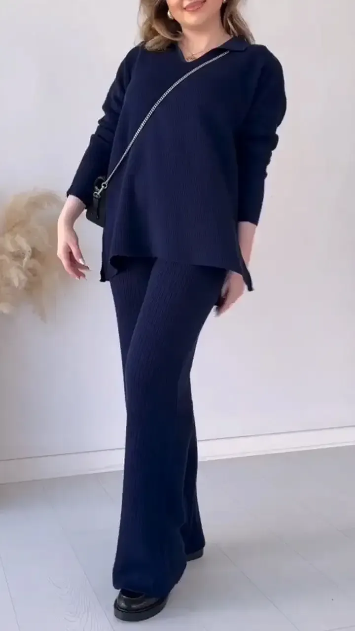 Women's Lapel Long Sleeve Sweater Two Piece Set