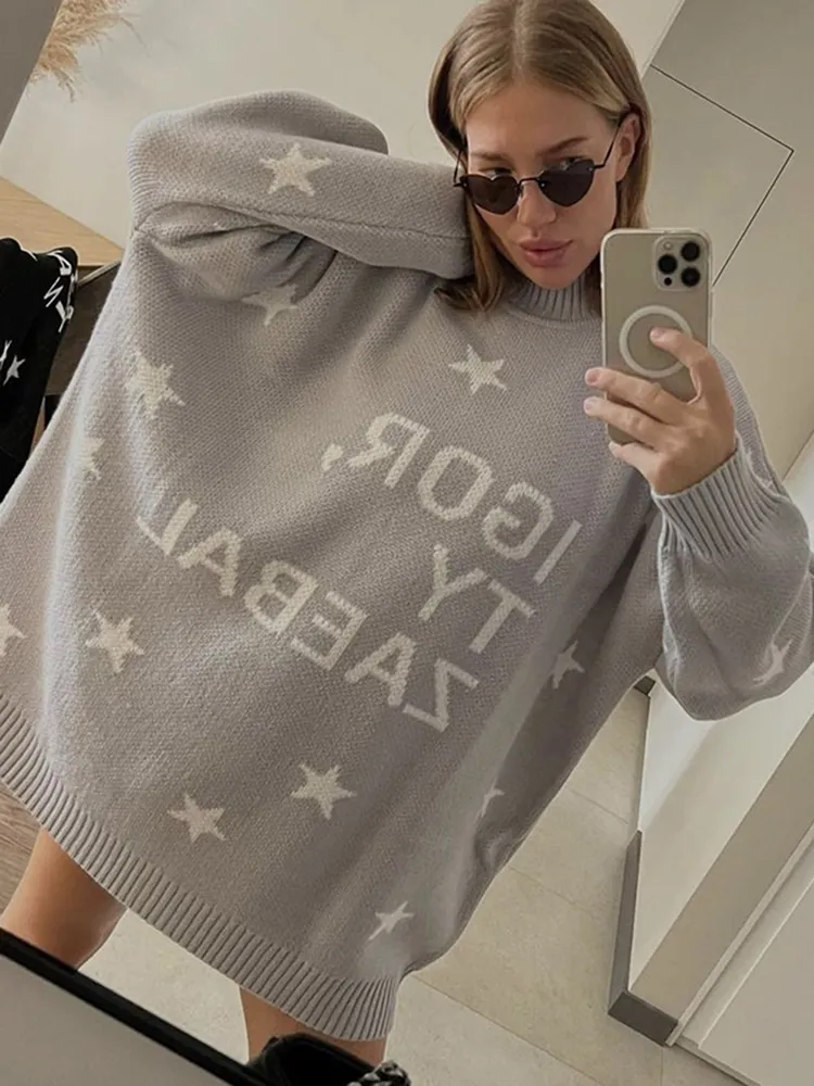 Letter Print Oversize Long Sleeved Sweater