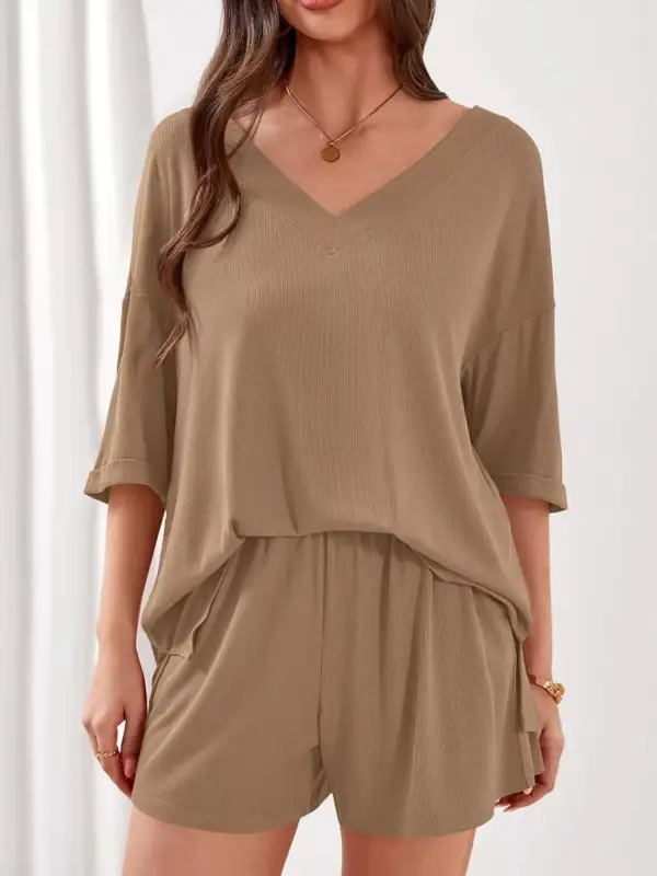 Casual V Neck Top Shorts Set