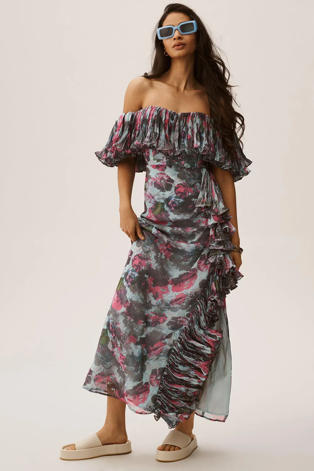 Hutch Off-The-Shoulder Ruffled Column Dress
