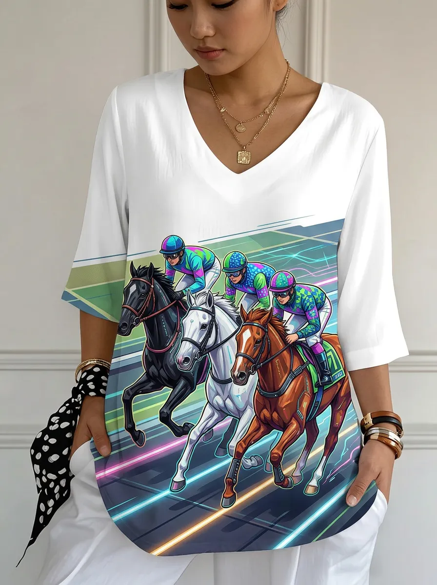 Women's Nashville Horse Racing Neon Jockey Printed Top