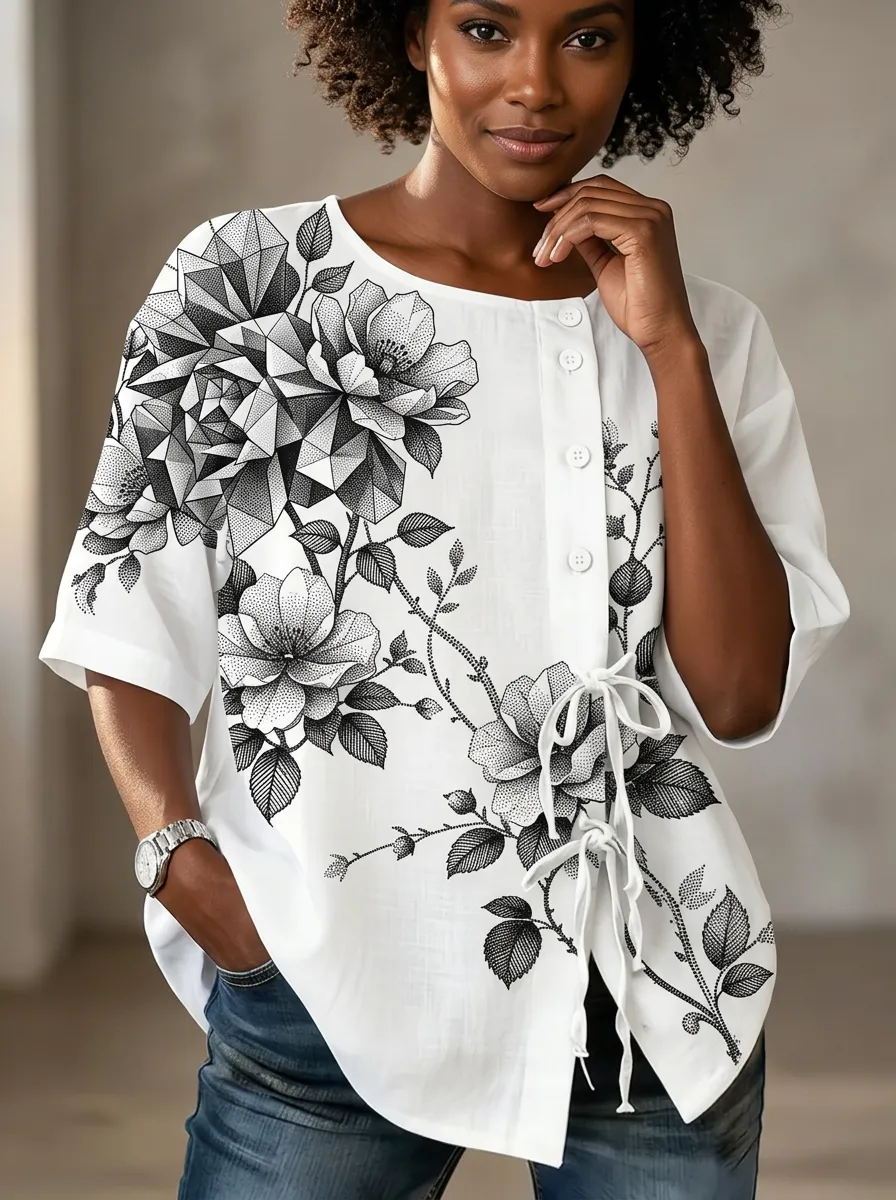 Women's Nashville Floral Geometric Printed Button-Down Top