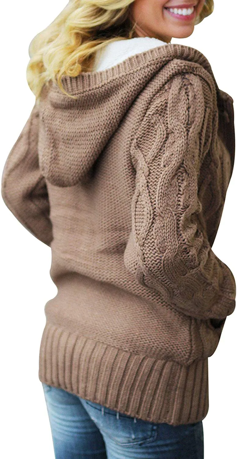 Womens Hooded Cardigans Button Up Cable Knit Sweater Coat Outerwear with Pockets