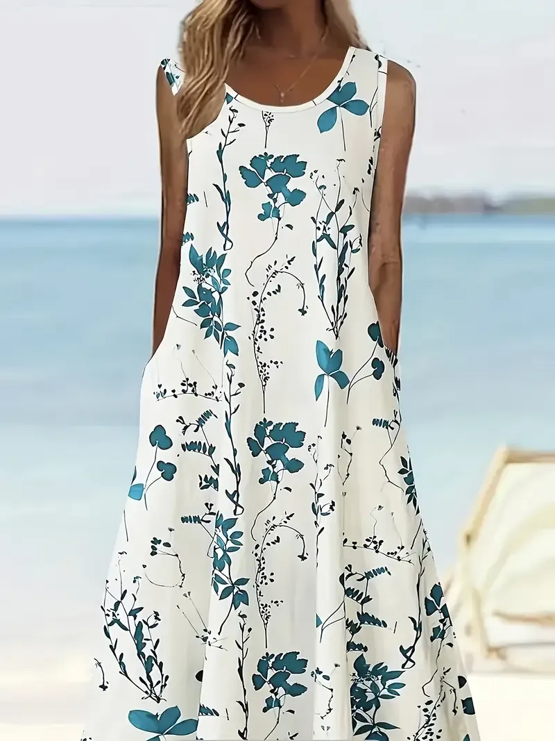 Plus Size Floral Print Dress, Casual Sleeveless Polyester Knit Fabric with Pockets, Spring/Summer Collection, Knit Dress