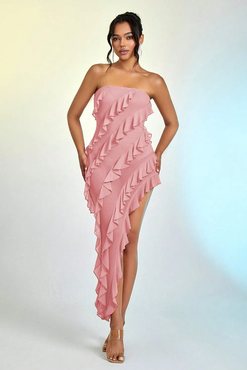 Ruffle Trim Asymmetrical Hem Mesh Tube Dress