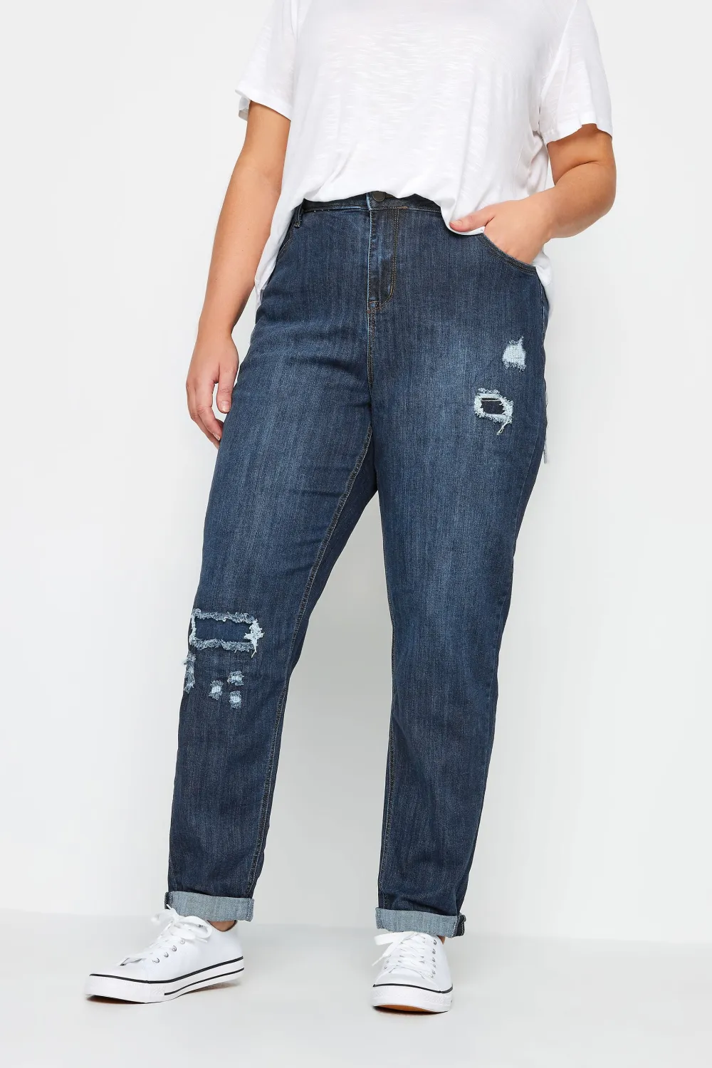 Evans Blue Dark Wash Ripped Girlfriend Jeans