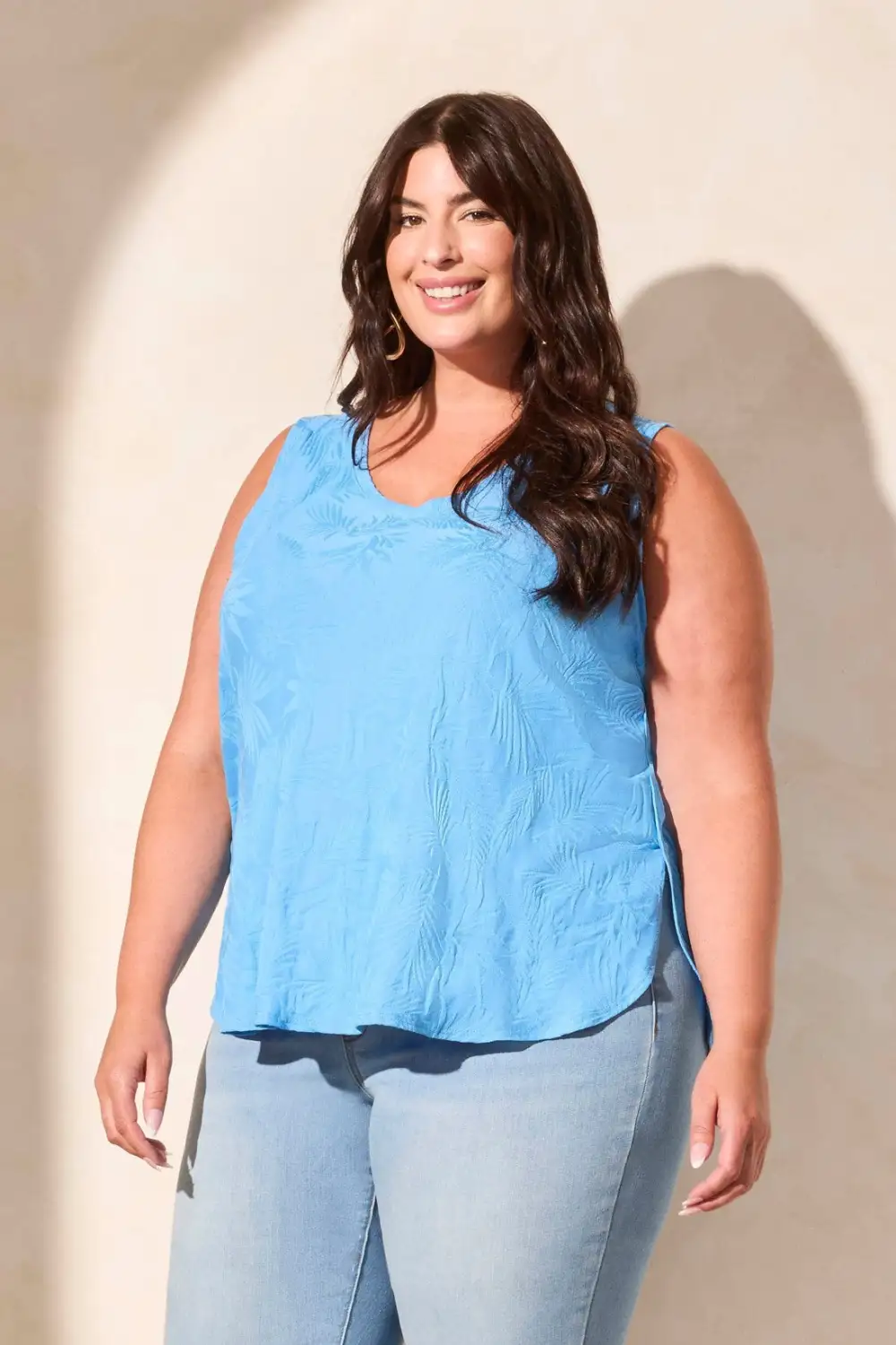 Foliage Jacquard Knit V-Neck Tank-Deep Sea