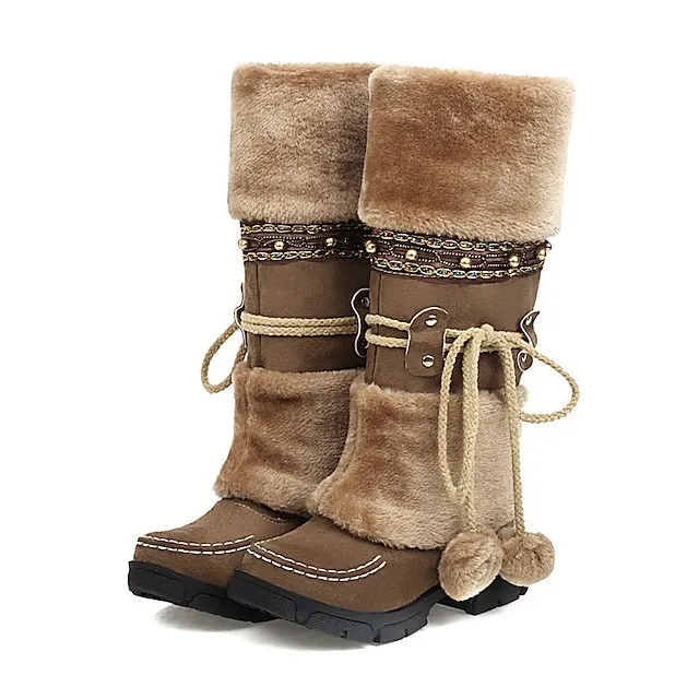 Women's Boots Snow Boots Plus Size Outdoor Daily Fleece Lined Knee High Boots Winter Bowknot Pom-pom Chunky Heel Round Toe Casual Industrial Style PU Lace-up Black Purple Brown