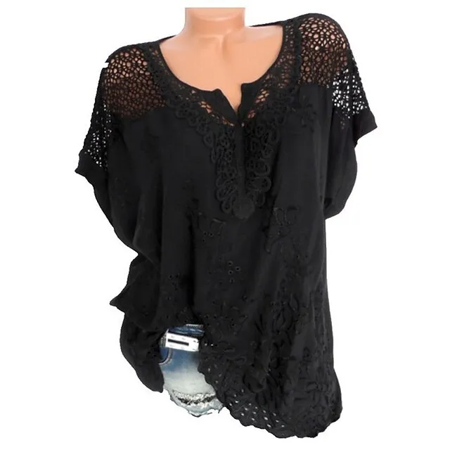 Women's Shirt Blouse Plain Black White Red Embroidered Short Sleeve Daily Going out Weekend Streetwear Basic Casual V Neck Regular Fit Summer Spring