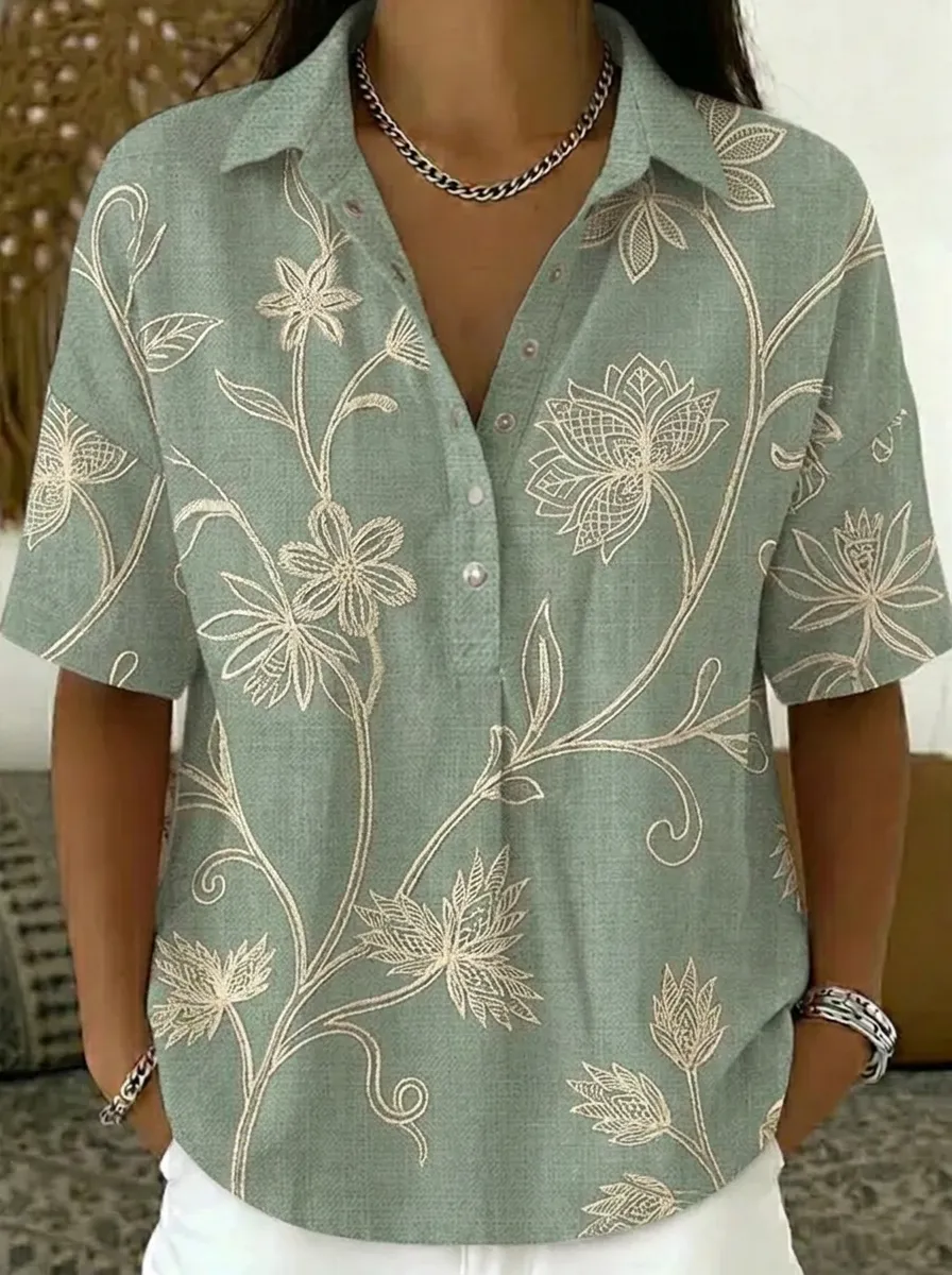 Women's Nashville Floral Botanical Printed Henley Shirt