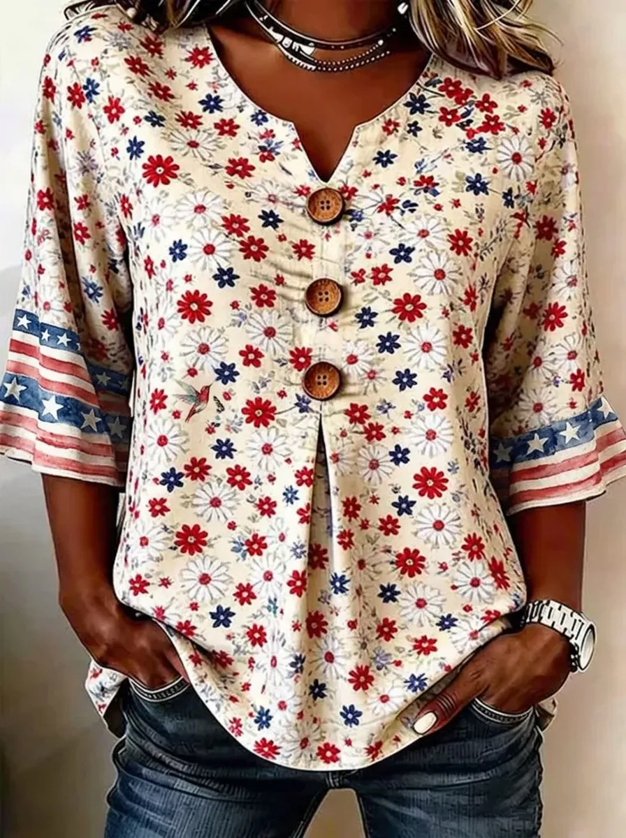 Women's Nashville Floral American Flag Printed V-Neck Button Top