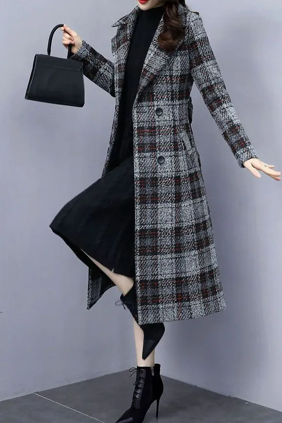 Plaid Front Belt Double Breasted Lapel Coat