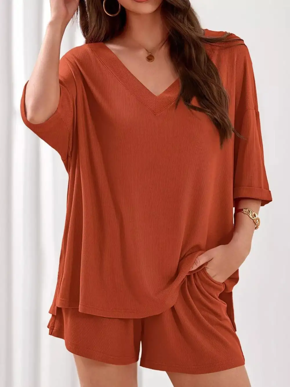 Casual V Neck Top Shorts Set