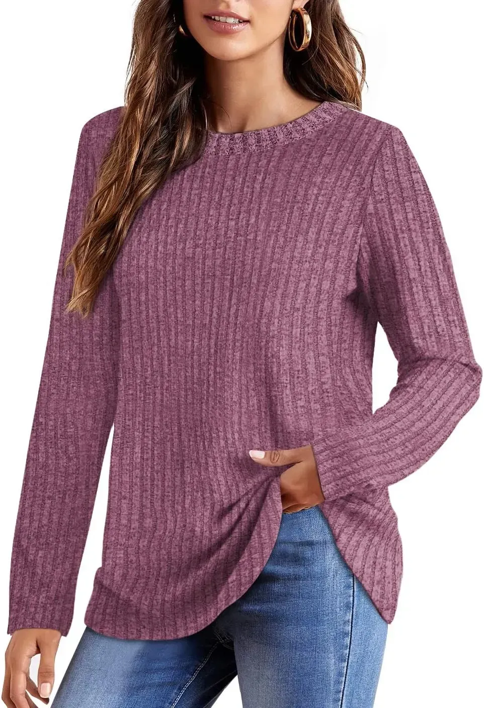 OFEEFAN Long Sleeve Shirts for Women Lightweight Crew Neck Casual Tunic Tops