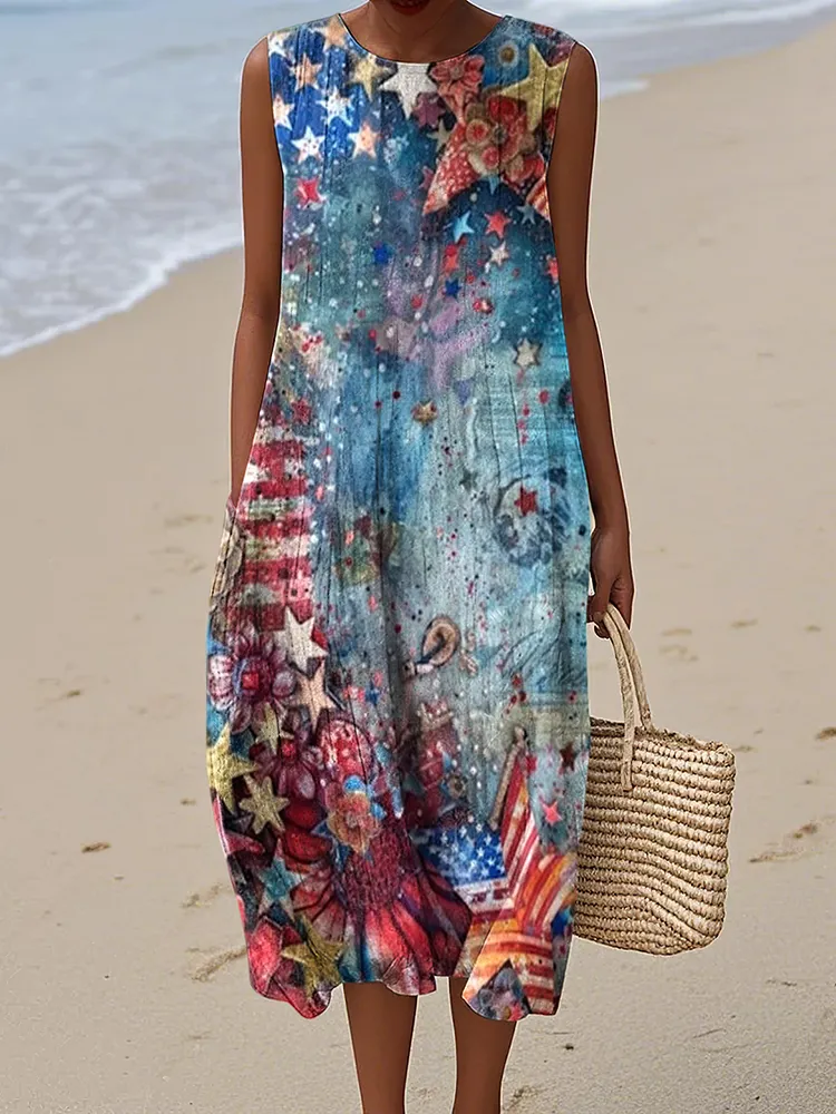 Women's Vintage Independence Day Print Midi Dress