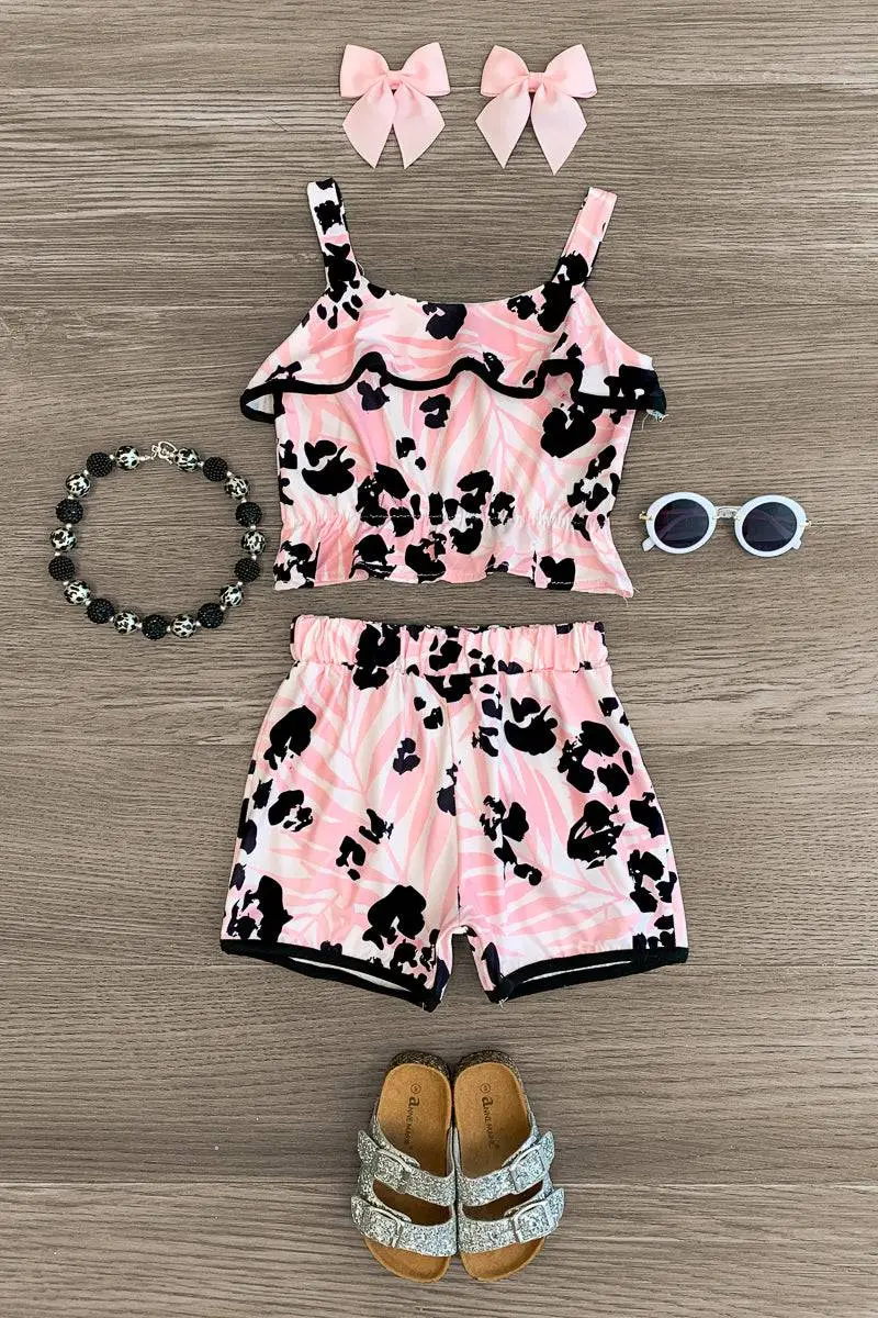 Light Pink Tropical Leopard Short Set