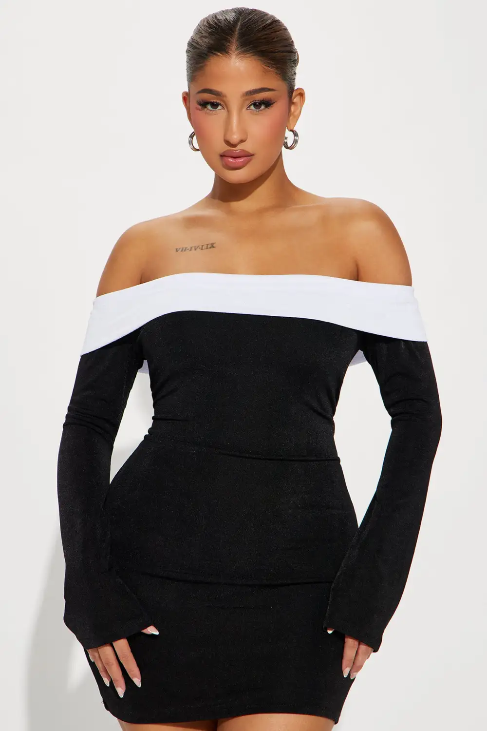 Mia Off Shoulder Mini Dress - Black/White