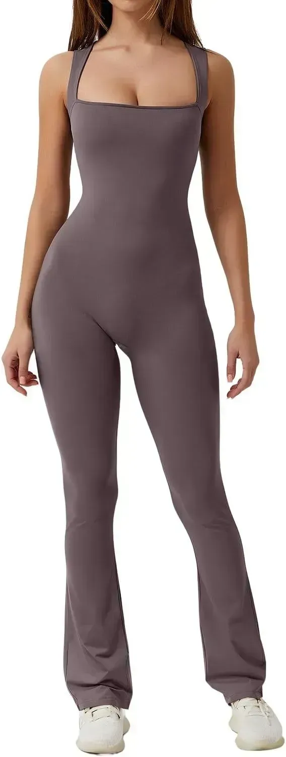 Flare Jumpsuits for Women Strappy Square Neck Bodycon Full Length Long Pants Casual Playsuit