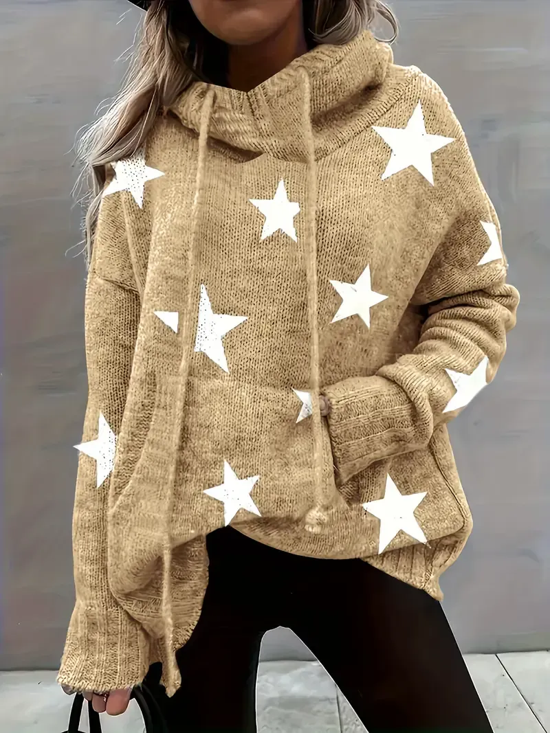 Plus Size Casual Sweater, Women's Plus Star Print Long Sleeve Drawstring Hoodie Sweater With Pockets