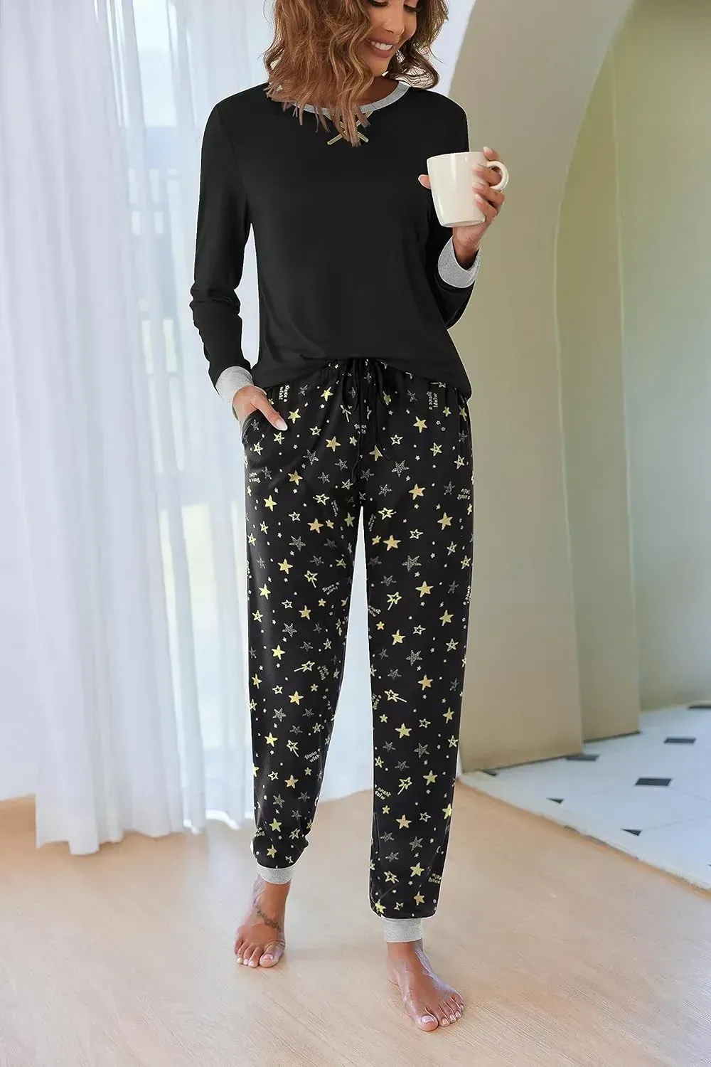 Women's Pajamas Sets Long Sleeve with Plaid Pants Soft Sleepwear O Neck 2 Piece Pjs Joggers Loung Set with Pockets