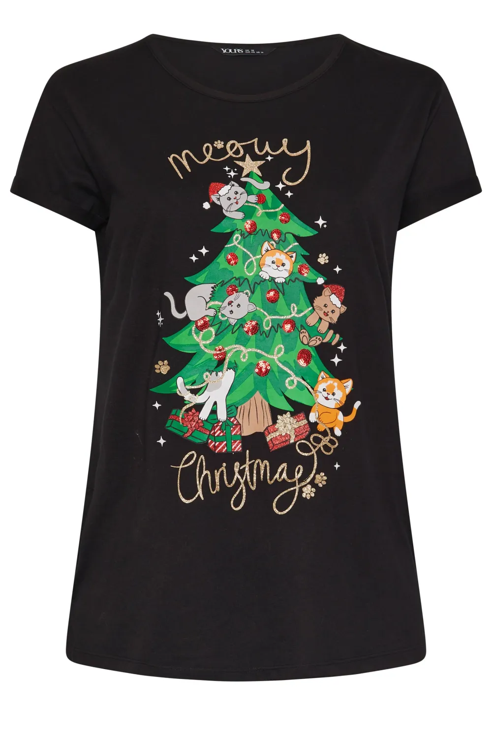 YOURS Curve Black 'Meowy Christmas' Slogan T-Shirt