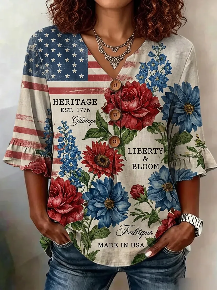 Women's Nashville Patriotic Floral Flag Printed V-neck Top