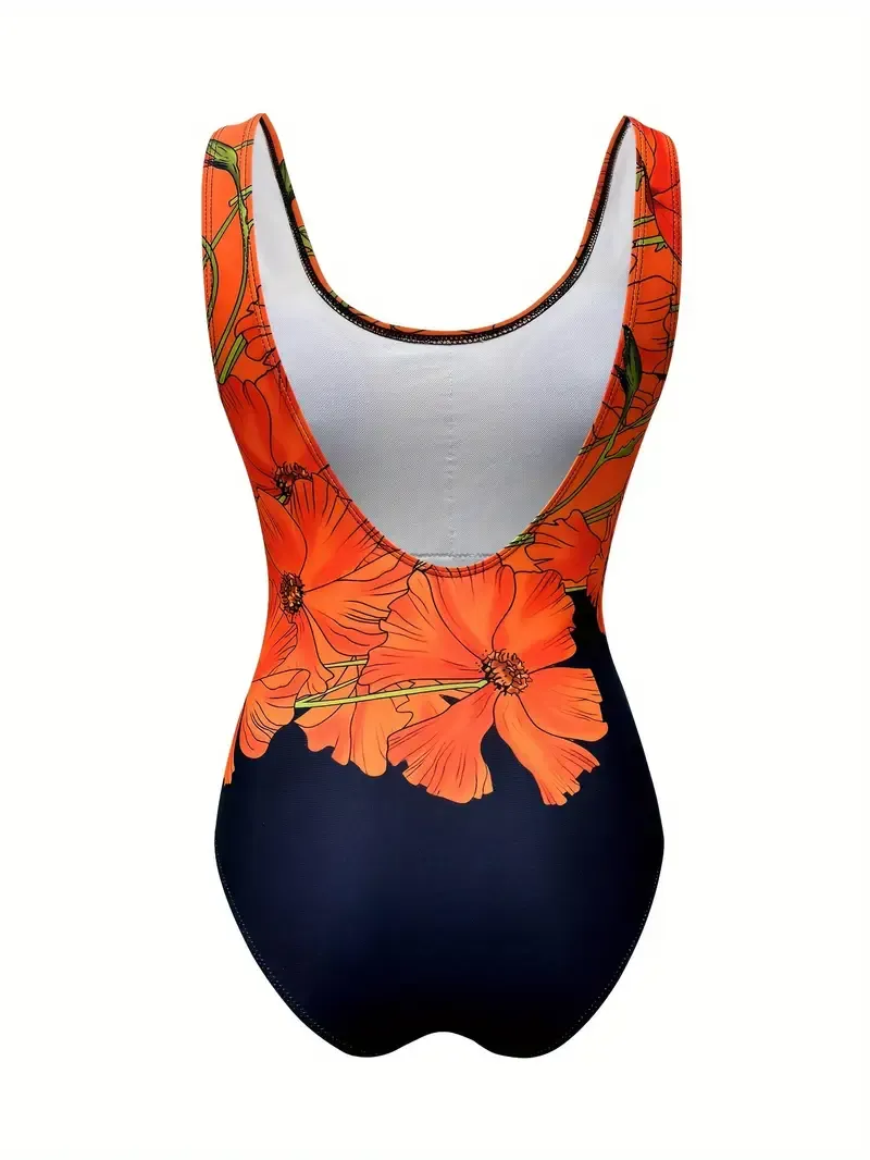 Popular Women'S One-Piece Swimsuit with a Fitted Design, Showcasing The Waist, Featuring a Round Neck And Floral Patterns with White Borders.