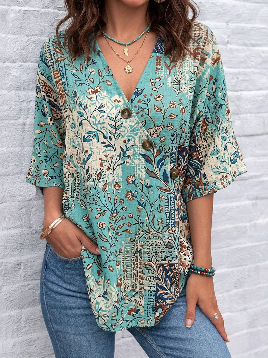 Women's Nashville Floral Boho Printed V-Neck Button Top