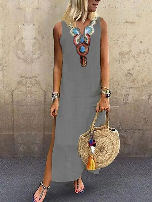 Women's Casual Dress Shift Dress White Dress Long Dress Maxi Dress Polyester Hot Casual Holiday Vacation Beach V Neck Split Print Sleeveless Summer Spring Fall 2023 Regular Fit White Yellow Wine