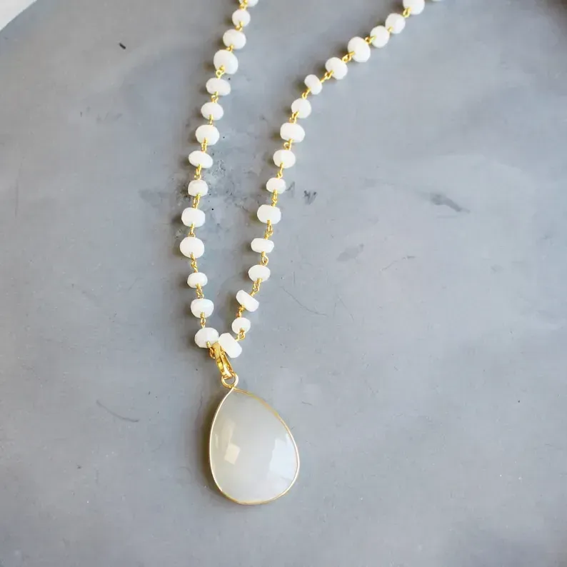 Long Necklace Moonstone Long Pendant Necklace Gold Necklace Long Stone Necklace Gemstone Statement Necklace Teardrop Long Layer Necklace