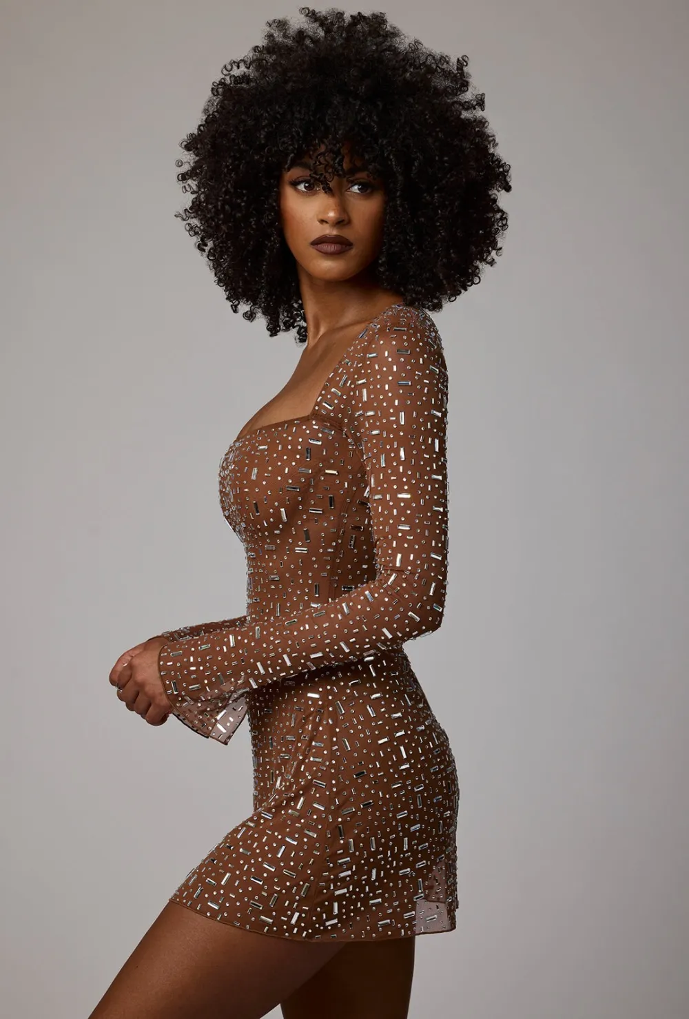 Sheer Embellished Long Sleeve A-Line Mini Dress - Almond