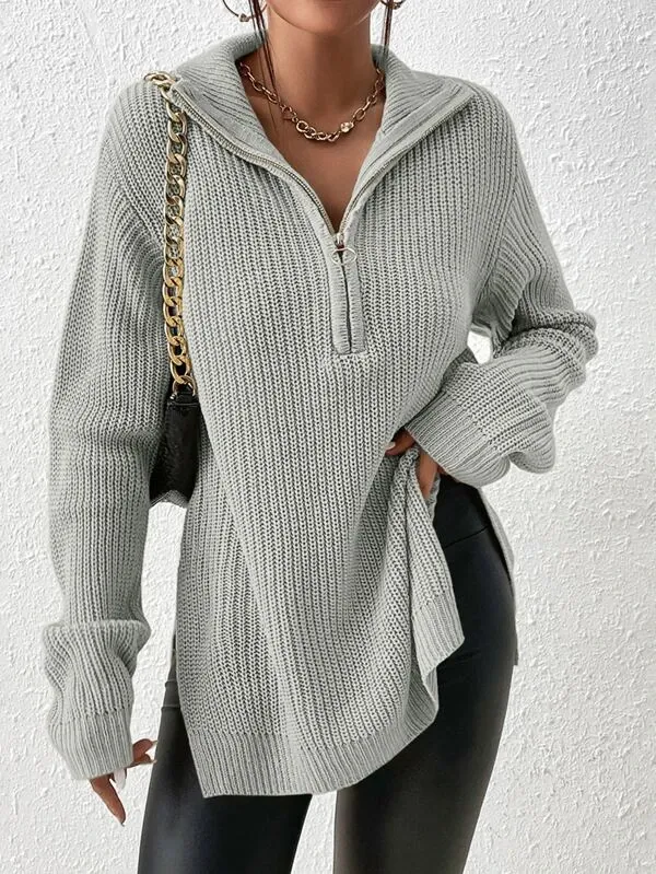 Half Zip Ribbed Knit Drop Shoulder Split Hem Sweater