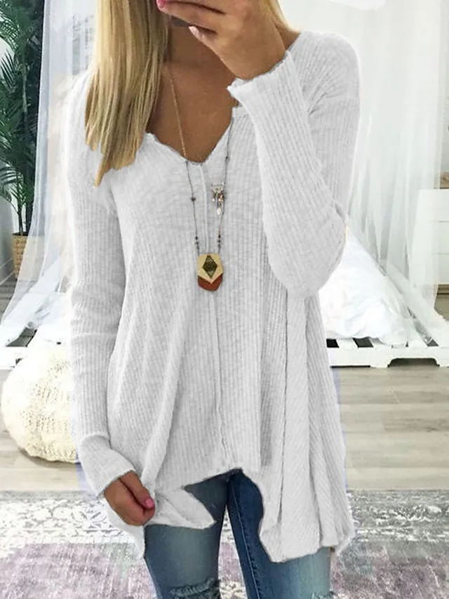 Women's Pullover Sweater Knitted Solid Color Basic Casual Long Sleeve Sweater Cardigans V Neck Fall Winter Spring Blue Blushing Pink Gray