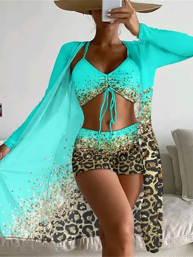 Women's Swimwear Bikini Cover Up Normal Swimsuit 3-Piece Printing Leopard Pink Blue Bathing Suits Sports Beach Wear Summer