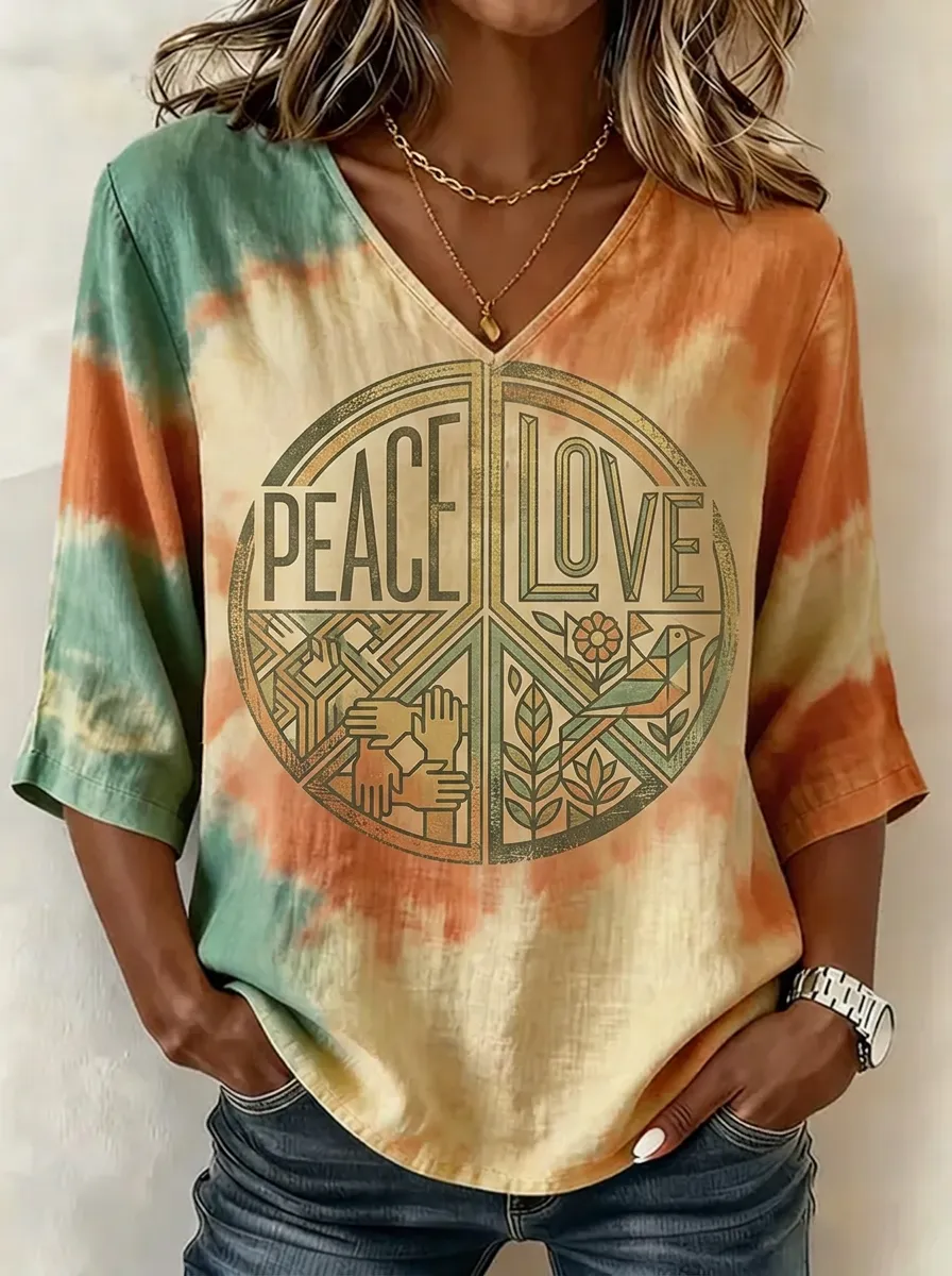 Women's Nashville Peace Love Tie-Dye Printed V-Neck Top