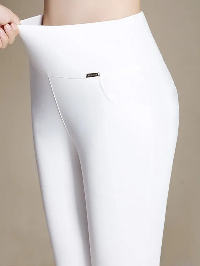 Women's High Waist Leggings Cotton Blend Wine Royal Blue White Fashion Daily Going out Stretchy Full Length Tummy Control Solid Color S M L XL XXL / Skinny