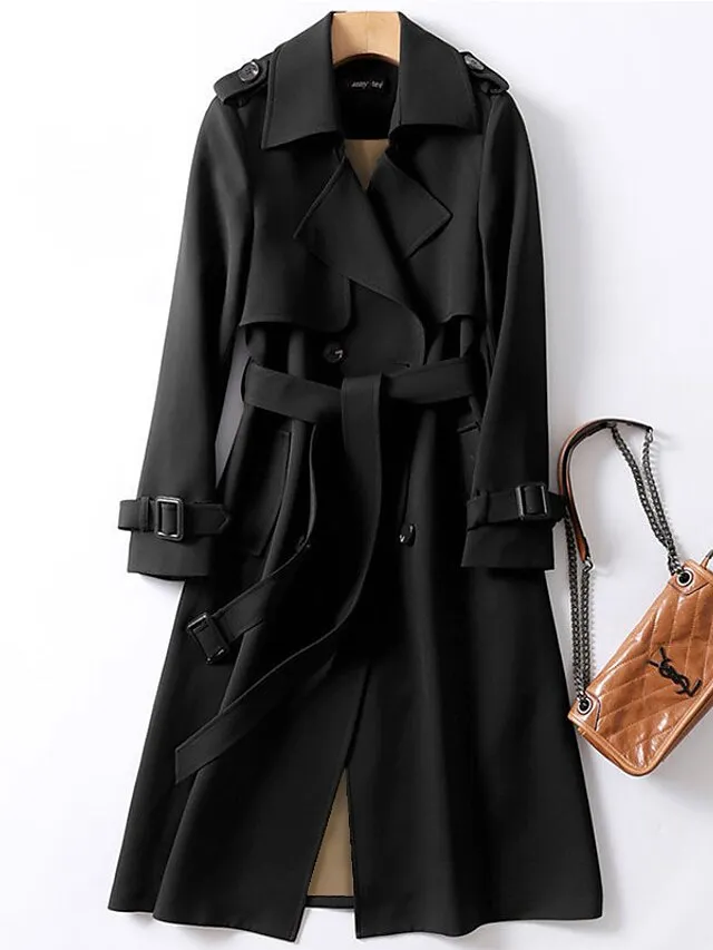 Women's Trench Coat Long Lace up Patchwork Coat Black Blue Camel Beige Fashion Daily Fall Single Breasted Rolled collar Regular Fit S M L XL XXL 3XL
