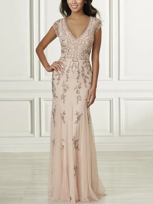 V-neck short-sleeved mesh sequin maxi dress