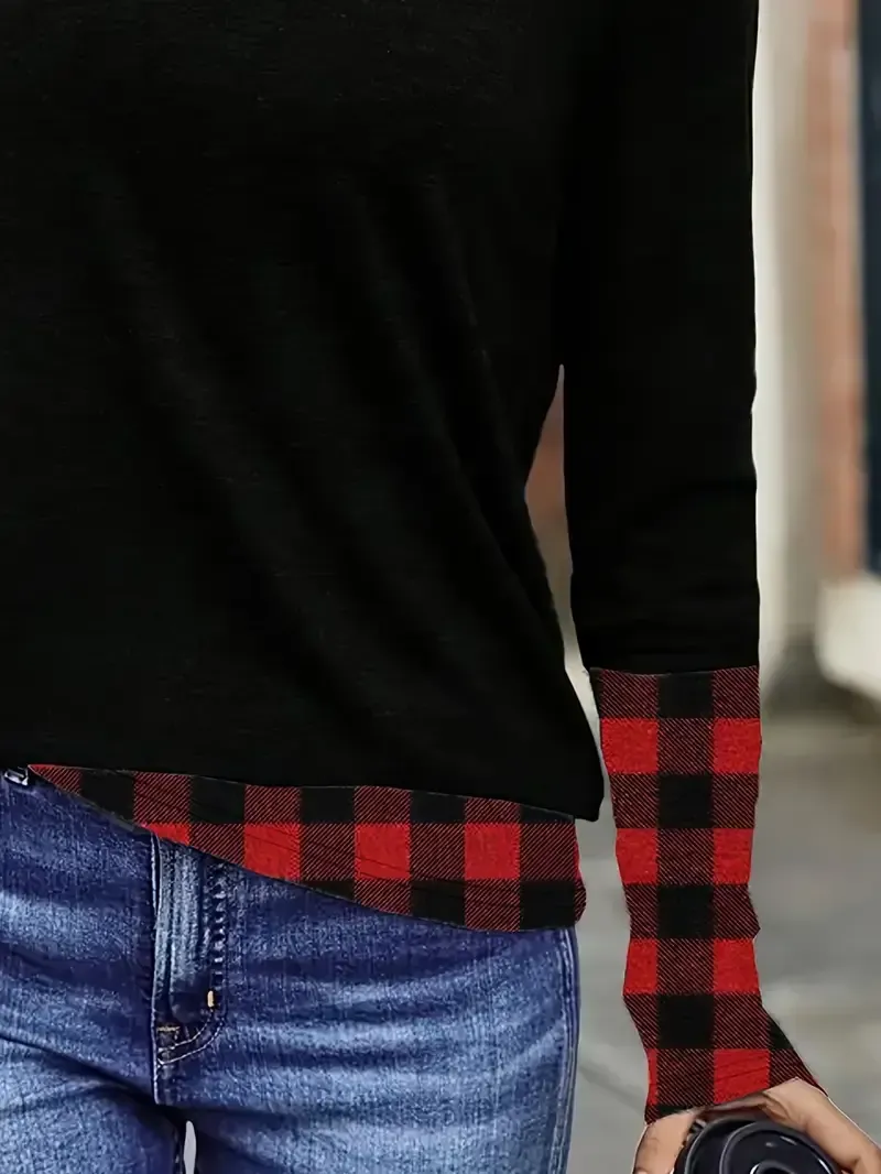 Elegant Women'S Color Block Long Sleeve T-Shirt - Polyester Knit Crew Neck Pullover with Medium Stretch, Regular Fit for Spring/Fall