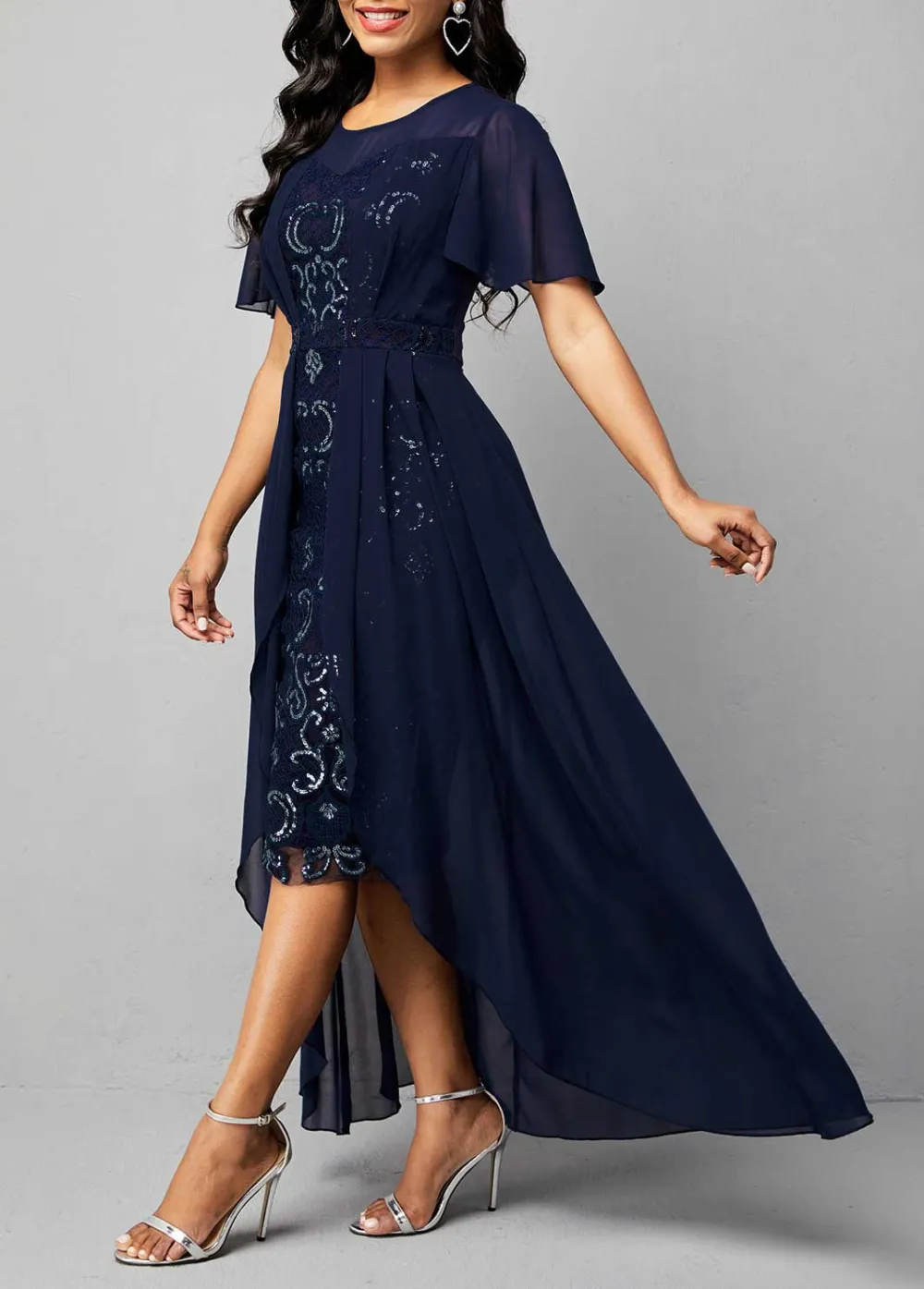 Sequined chiffon embroidered crew neck dress