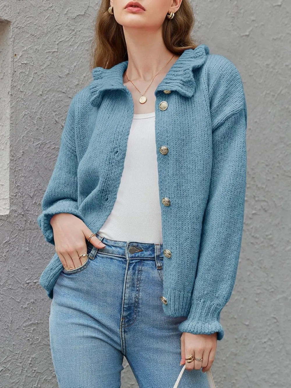 🎄Hot Sale Ruffle Cardigan Oversized Button Up Ribbed Knit Open Front Long Sleeve Loose Sweater