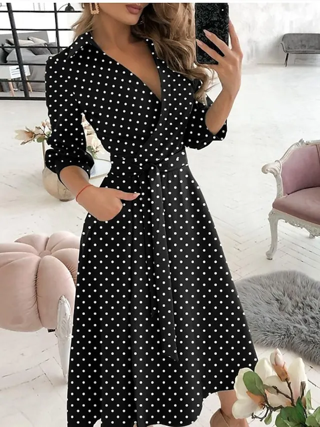 Women‘s A Line Dress Midi Dress Tie dye Letter printing Butterfly print Big wave point Small dots Diamond printing Black khaki Sky Blue Red Long Sleeve Print Butterfly Pure Color Lace up Pocket