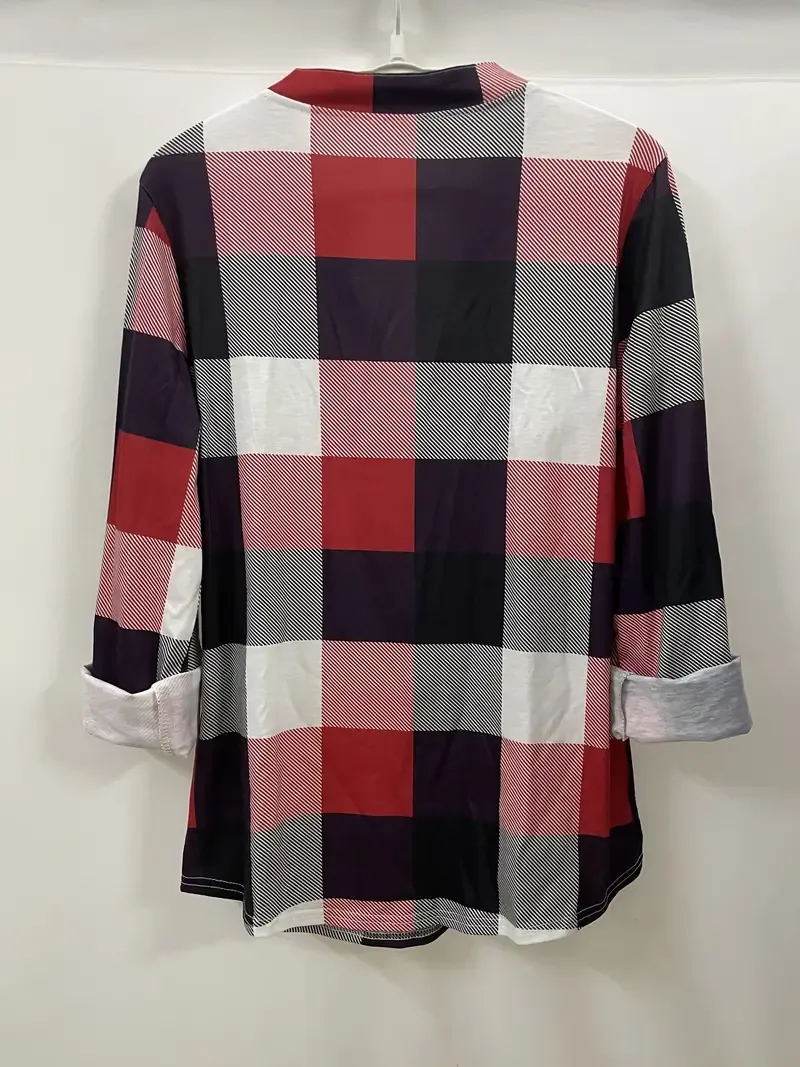 Casual Plaid Shirt, Long Sleeve V-neck Shirt, Casual Every Day Tops, Women's Clothing
