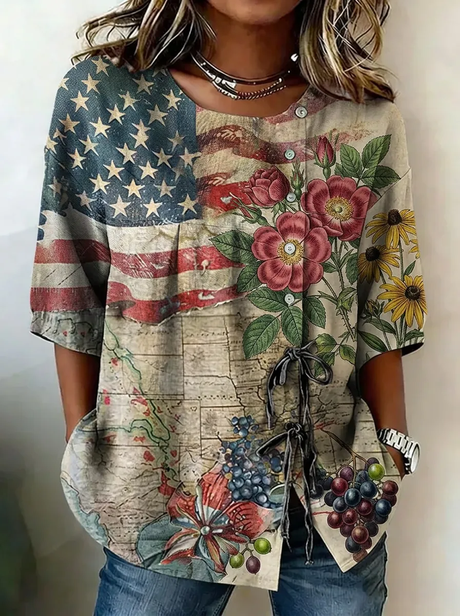 Women's Nashville USA Flag Floral Map Printed Button Top