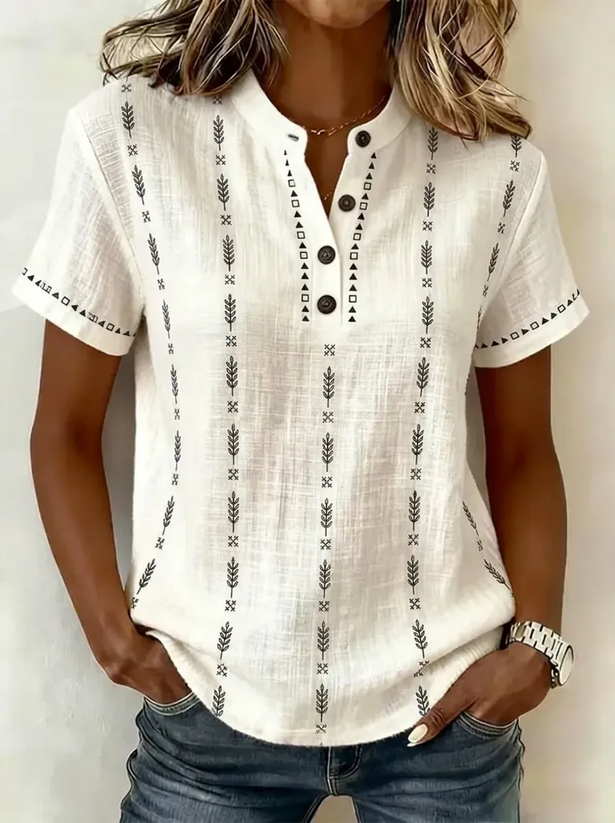 Women's Nashville Boho Geometric Leaf Printed Henley Shirt