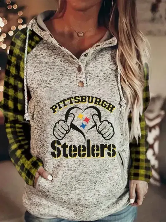 Women Long Sleeve Hooded Plaid Printed Sweatshirts Top